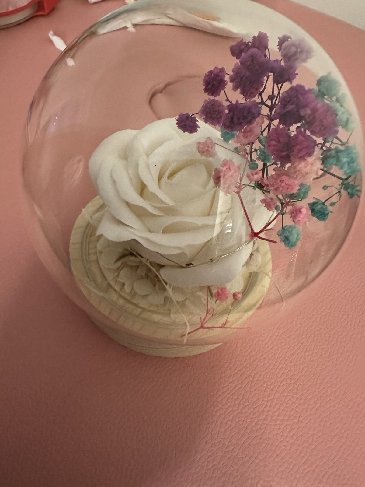 Artificial Rose Floral Arrangement Glass Dome, White Purple Pink Blue Flowers