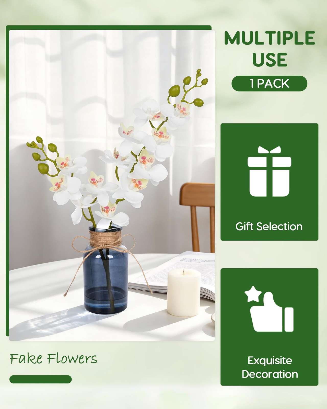 Fake Orchid in Vase with Faux Water, Fake Plants White Orchid Artificial Flow…