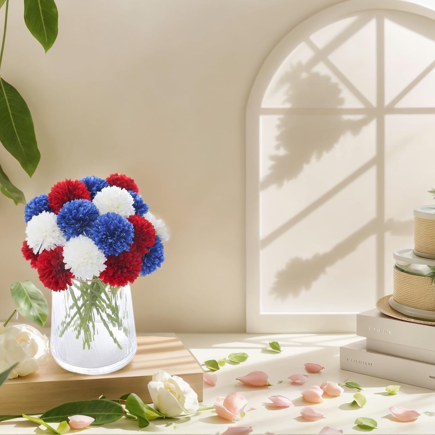 12 PCS Faux Chrysanthemum Flowers 4th Of July Patriotic Decor White Red Blue