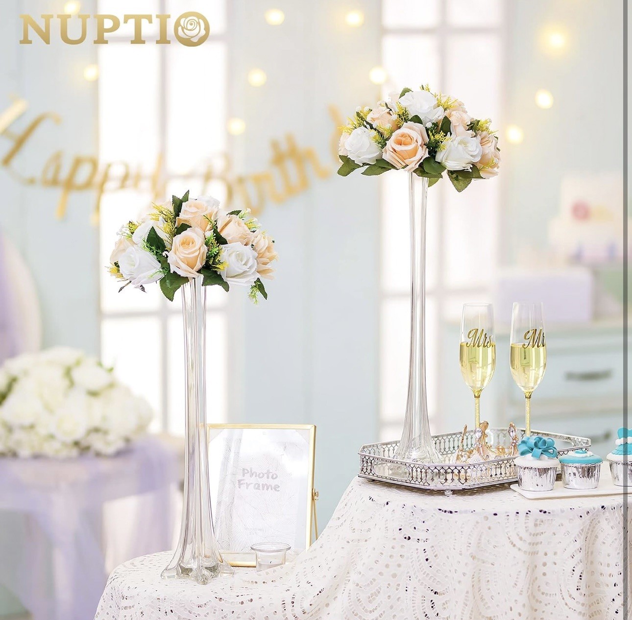 Peachy Champagne & White 10Pcs Artificial Flower Ball Bouquet Weddings & Decor