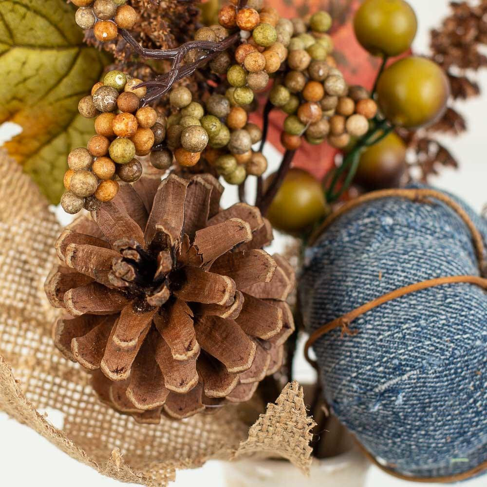 Lot of 2 Fall Artificial Burlap Leaf and Denim Pumpkin 13″ Decorative Picks