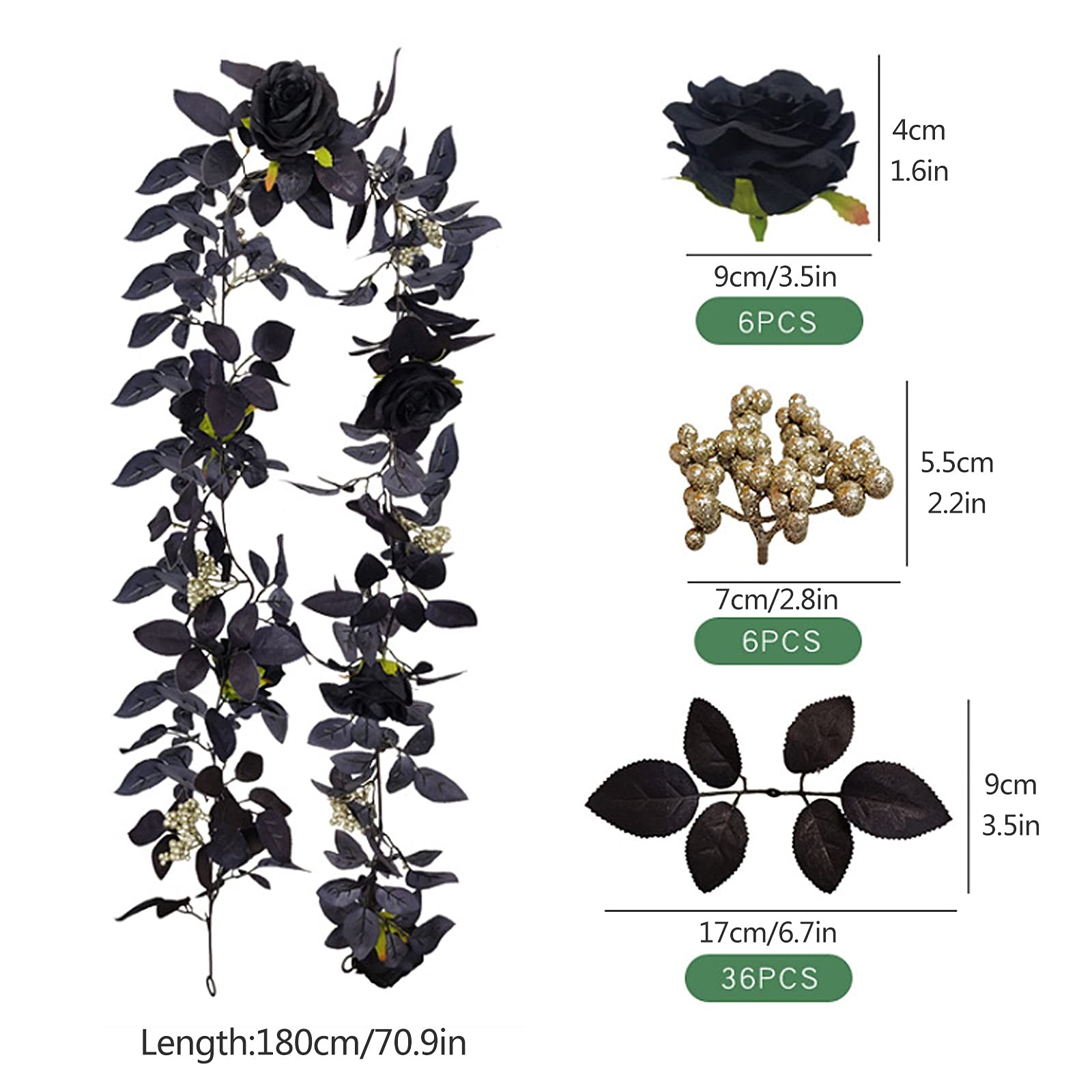 180cm Artificial Black Rose Vine Halloween Hanging Rose Flower Garland with B…