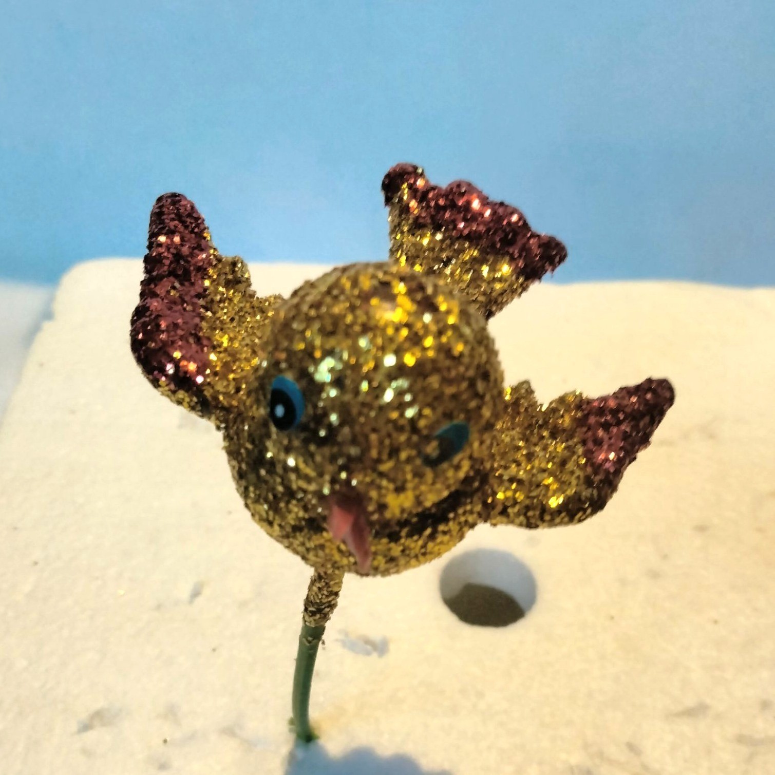 Glitter Gold Bird Ornament Green Wire Stem Decoration Crafting Lot 4
