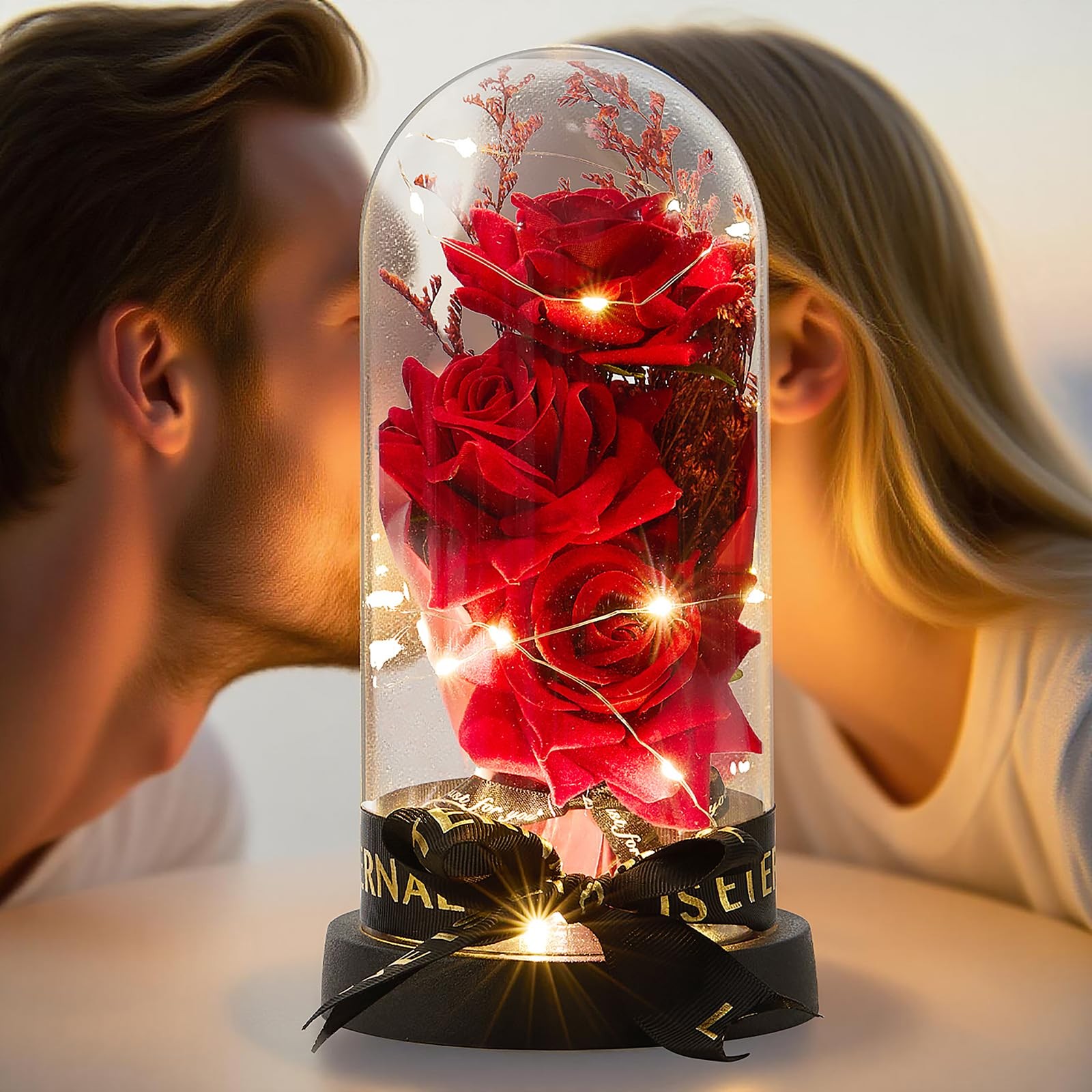 3 Blossoms Artificial Roses in Clear Dome with Lights Mother’s Day Decoration…