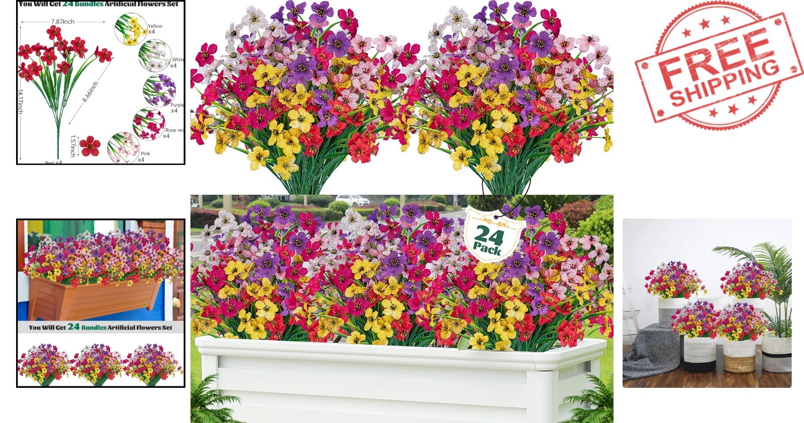 24 Pcs UV Resistant Artificial Flowers – Lifelike Decor for Indoors & Outdoors
