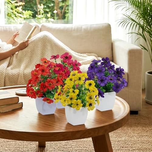 4 Pack Small Artificial Daisy Flowers Fake Plants in White Pots, Mini Potted Flo