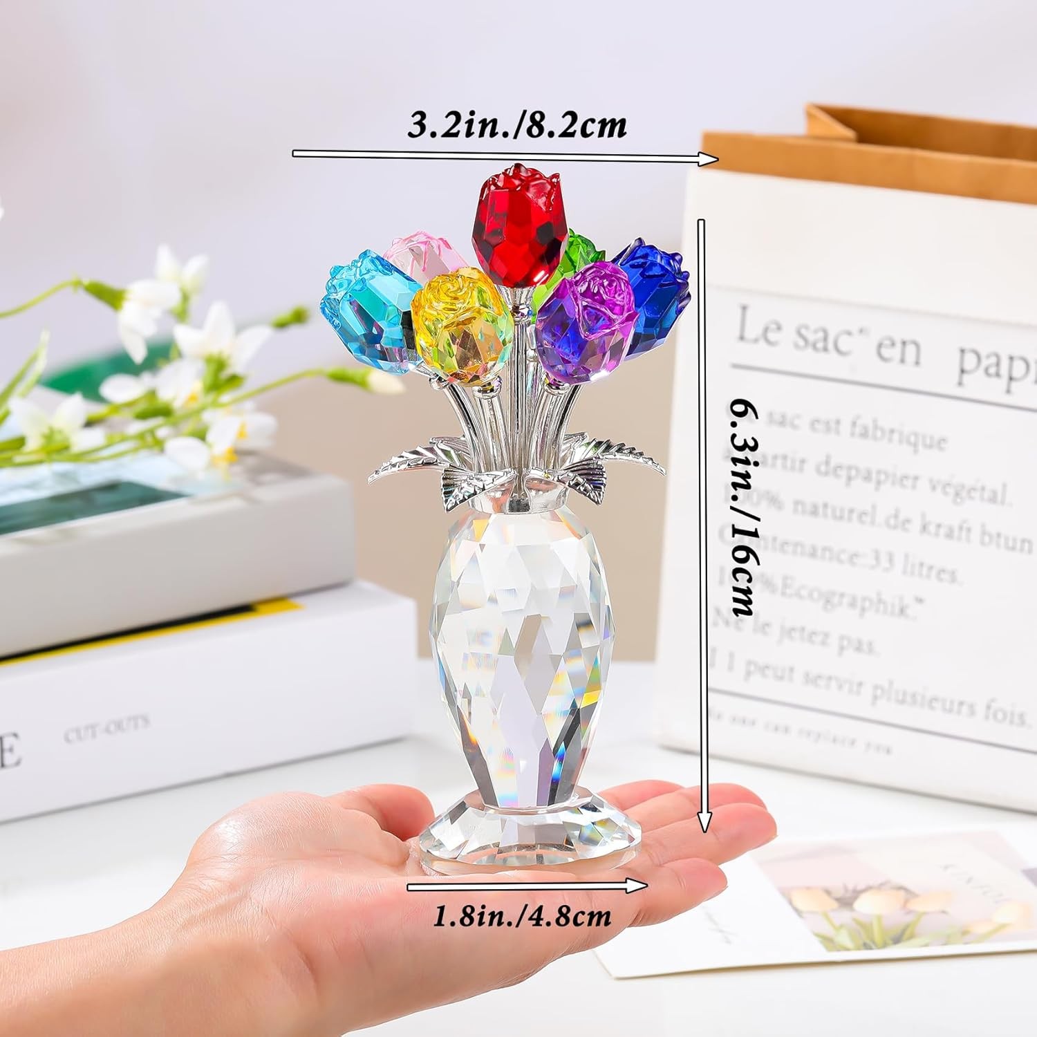 Crystal Colorful Rose Flower Bouquet Figurine with Vase, Handmade Romantic Glass
