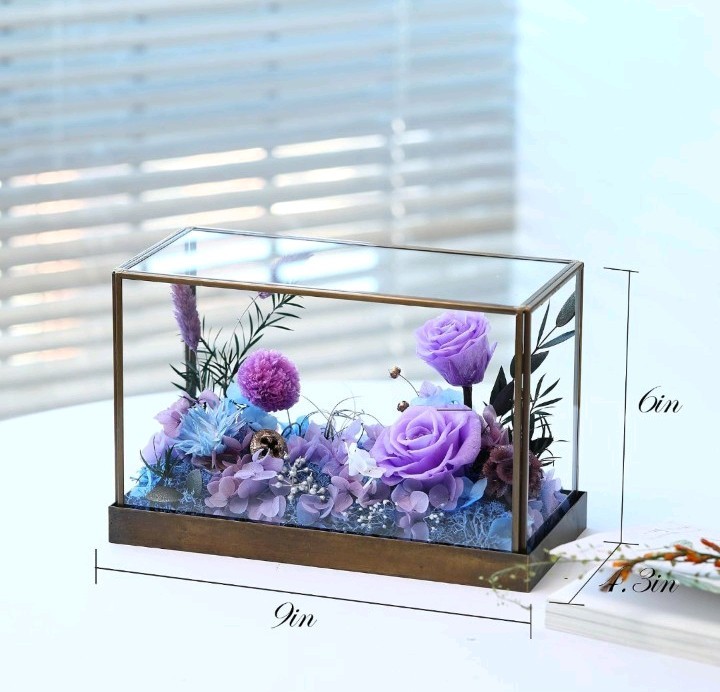 RoseValley Preserved Rose Flower Arrangement Glass & Wood Display Case 9in