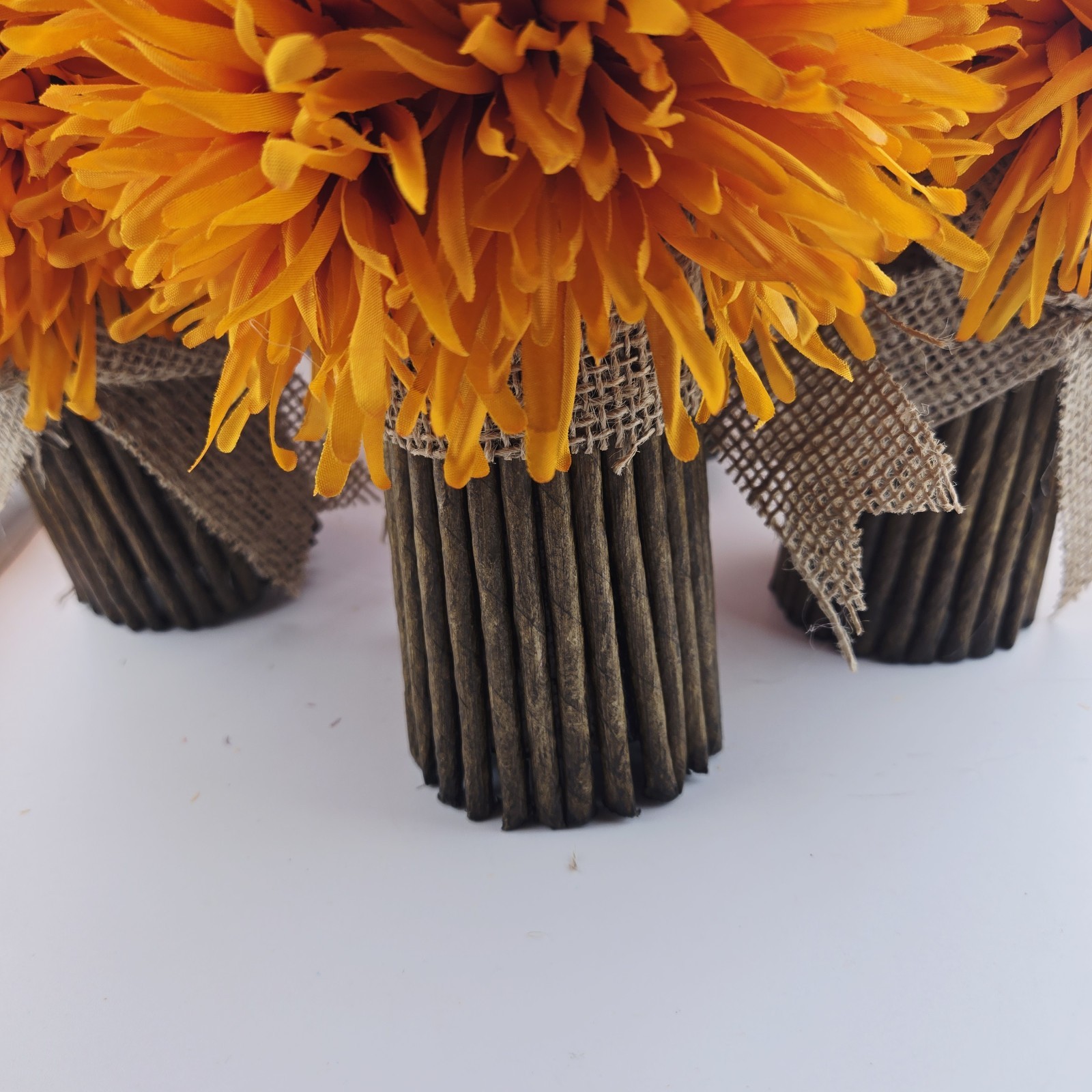 Orange Mum Artificial Floral Arrangement Lot of 6 Natural Vase 9″