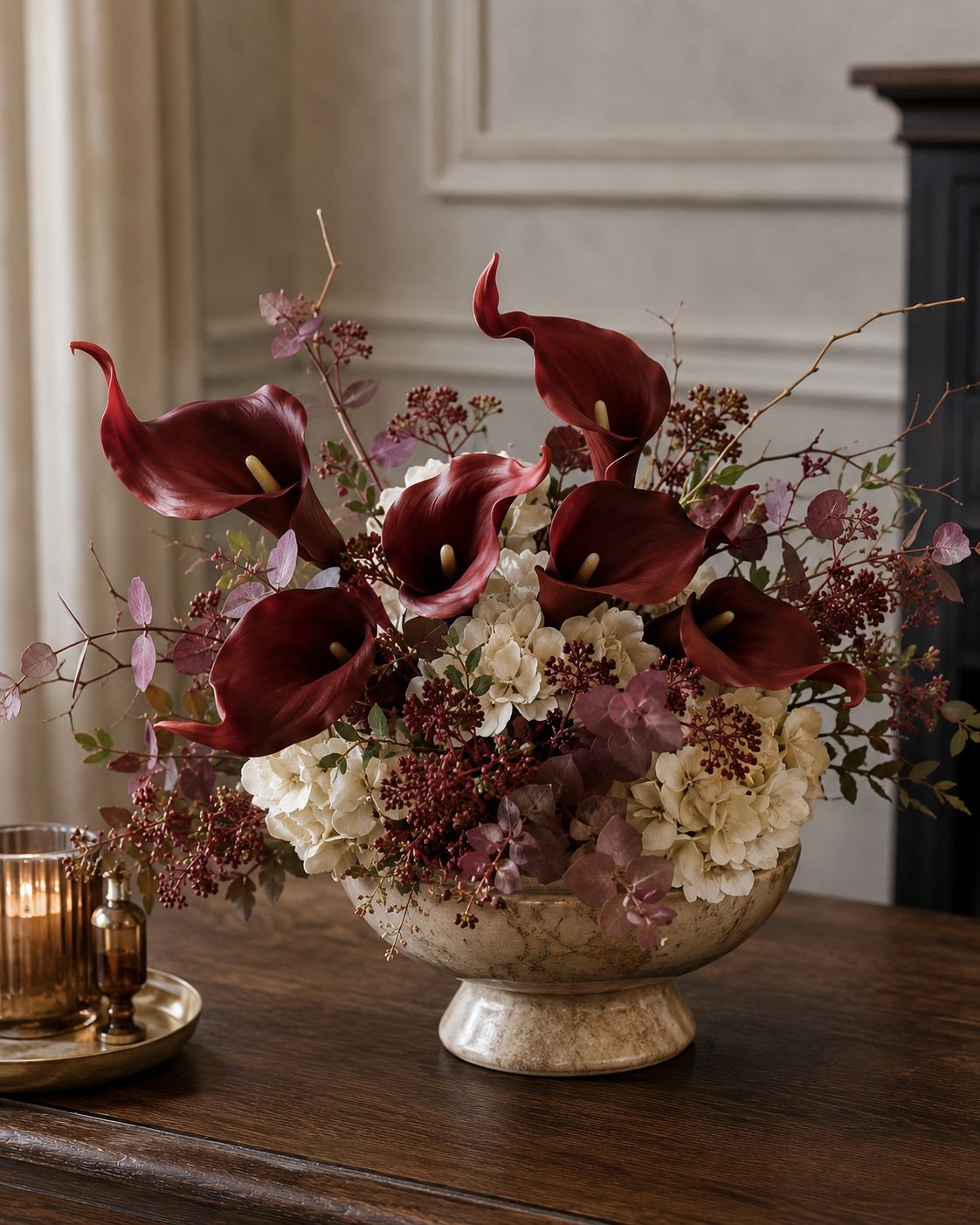 Burgundy Calla Lily Stems Faux Floral Bouquet Wine Red Flowers 5 Stem Bunch Mood