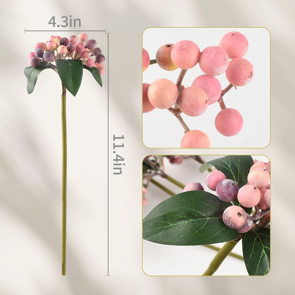 6PCS Artificial Holly Stems Pink Fake Branches 11.4 Inch for Home Wedding Win…