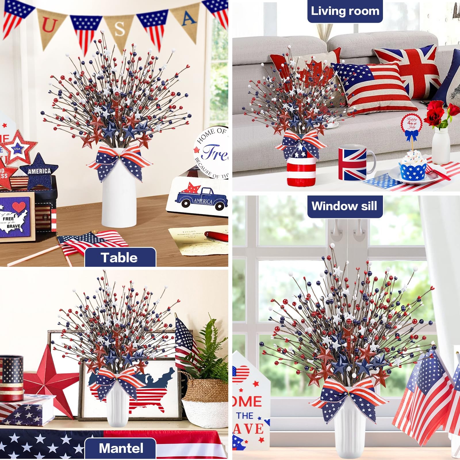 8 Pack Patriotic Artificial Berry Stem Picks,17.5” Red White Blue Stars with …