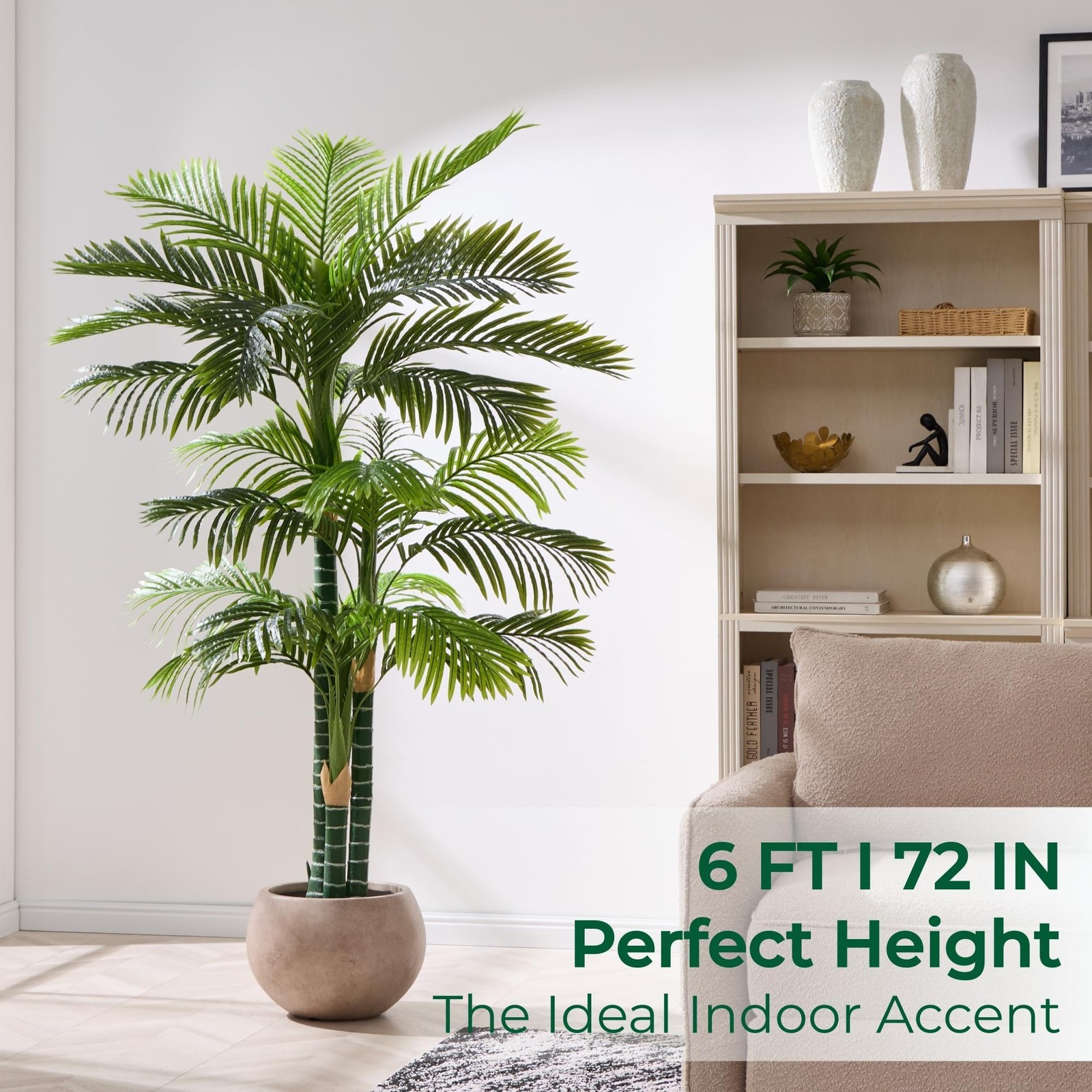 6FT Tall Triple Golden Cane Palm Tree (1 Pack), Large Faux Plants, UV Resista…