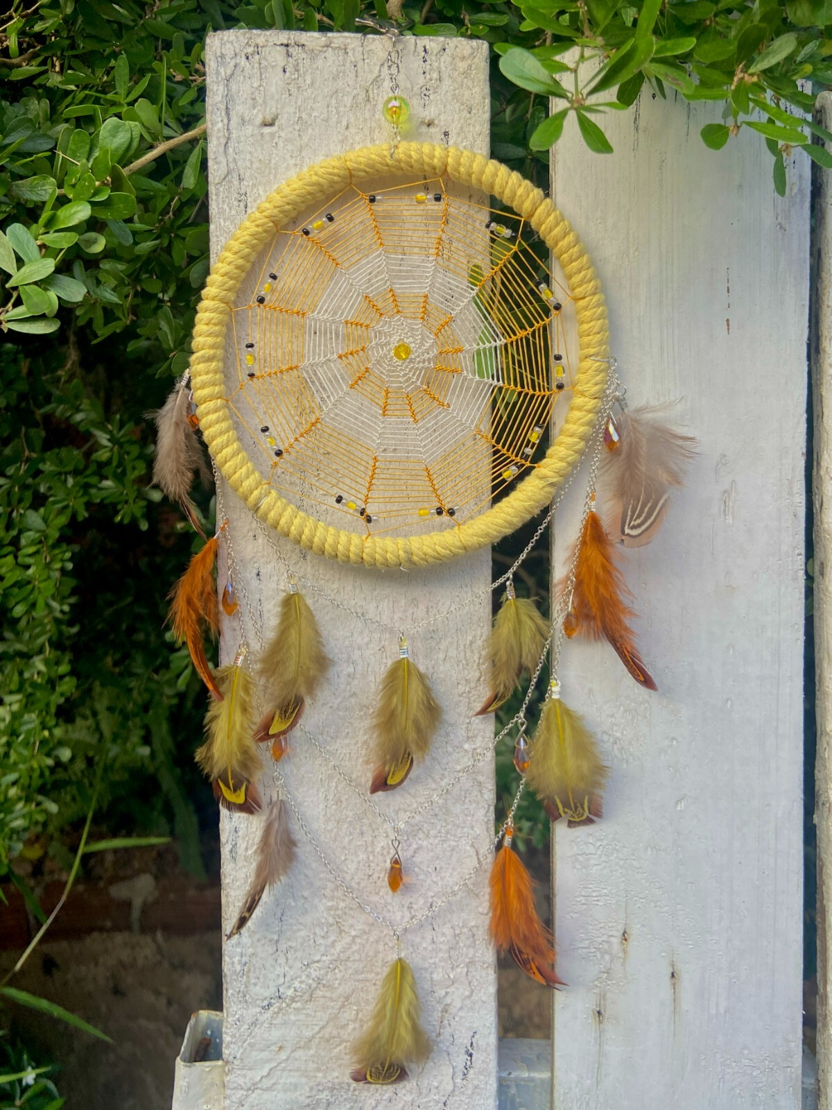 Large Yellow Dream Catcher – Handmade Elegance with Intricate Feather Details