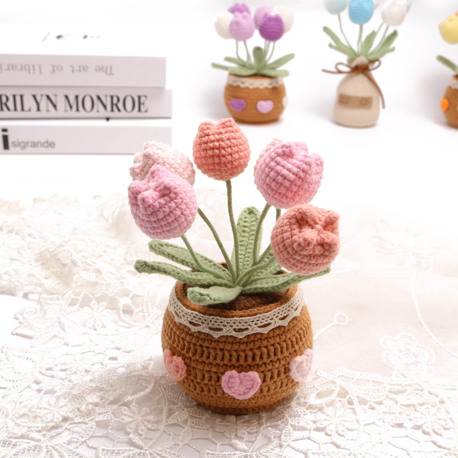 Pink Crocheted Tulip Bouquets Hand Woven Artificial Flowers 6 PCS Gift