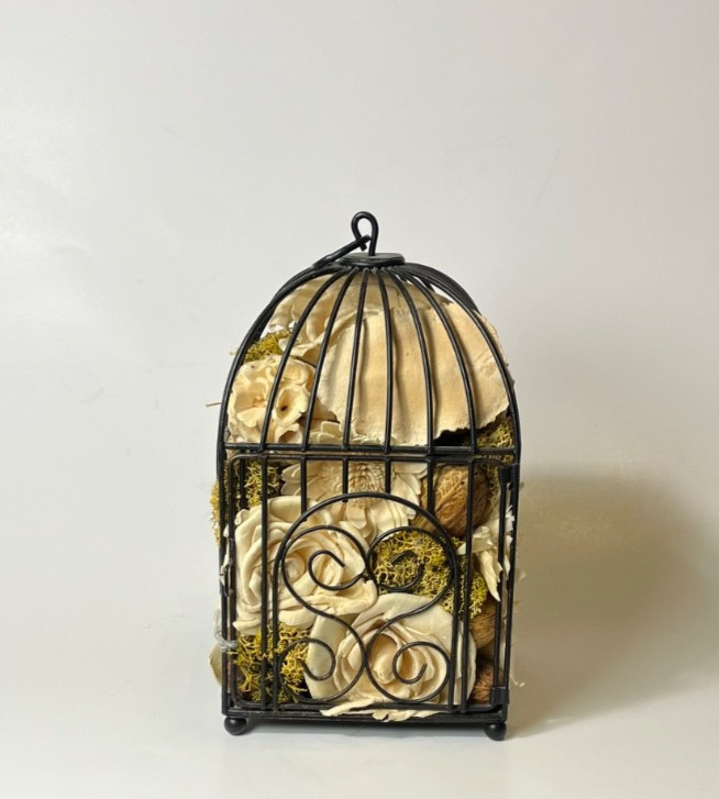 Wrought Black Rim Wire Hanging Dried Beige Floral Flower Arrangements BIRD CAGE
