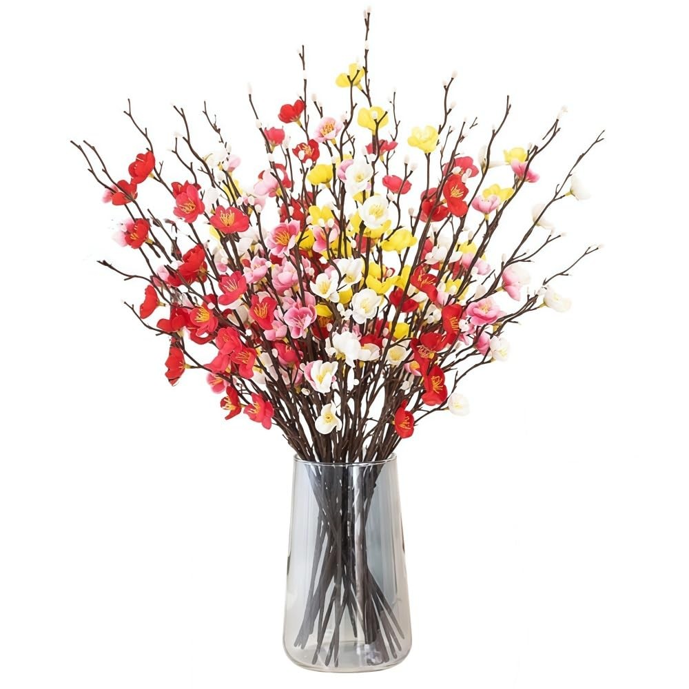 12 PCS Artificial Plum Blossom Flowers 22 Inch Fake Cherry Branches Faux Silk
