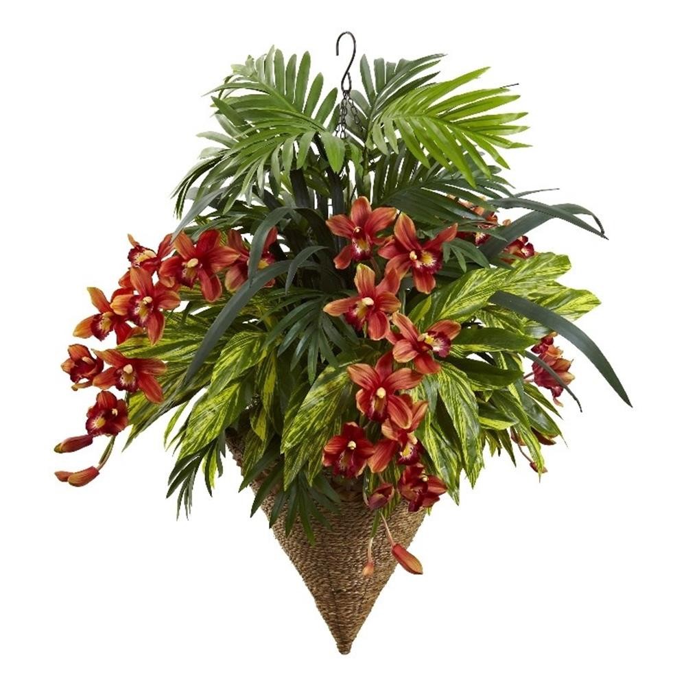 Nearly Natural Mixed Tropical & Cymbidium Hanging Basket in Red