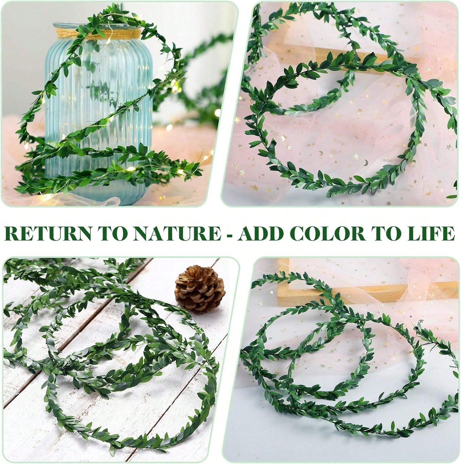 NEW 3 Pcs 24.6Ft Iron Wire Leaf Garland, Green Willow Rattan for Wedding Mantel