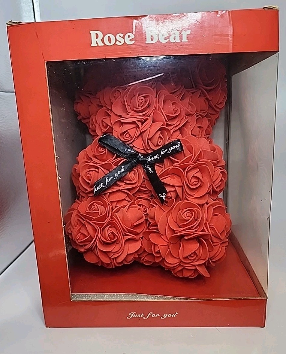 Rose Red Flower Teddy Bear with Box – Artificial Romantic Gift for Holidays, NIB