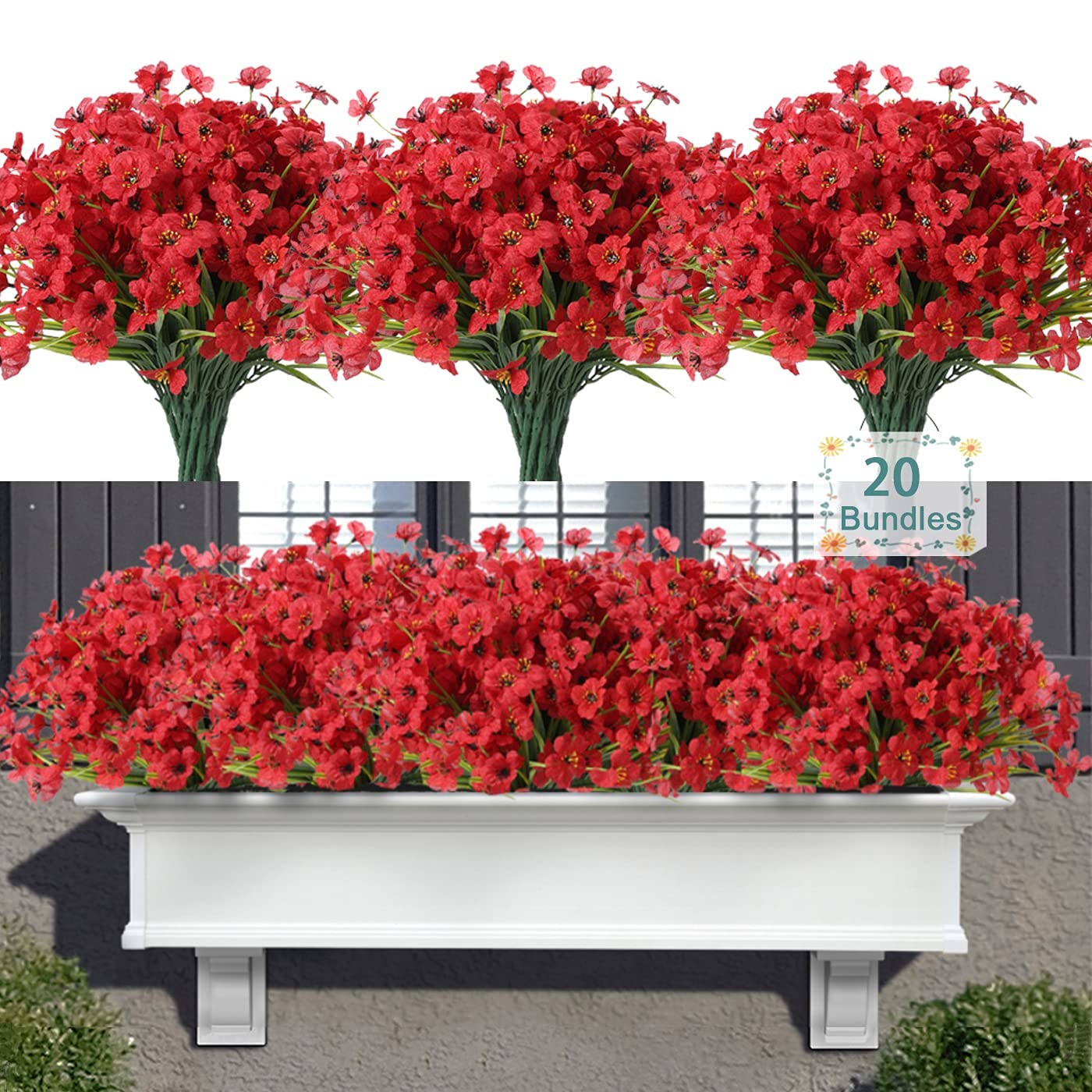 20 Bundles Artificial Flowers for Outdoors, UV Resistant Fake Flowers with Pl…