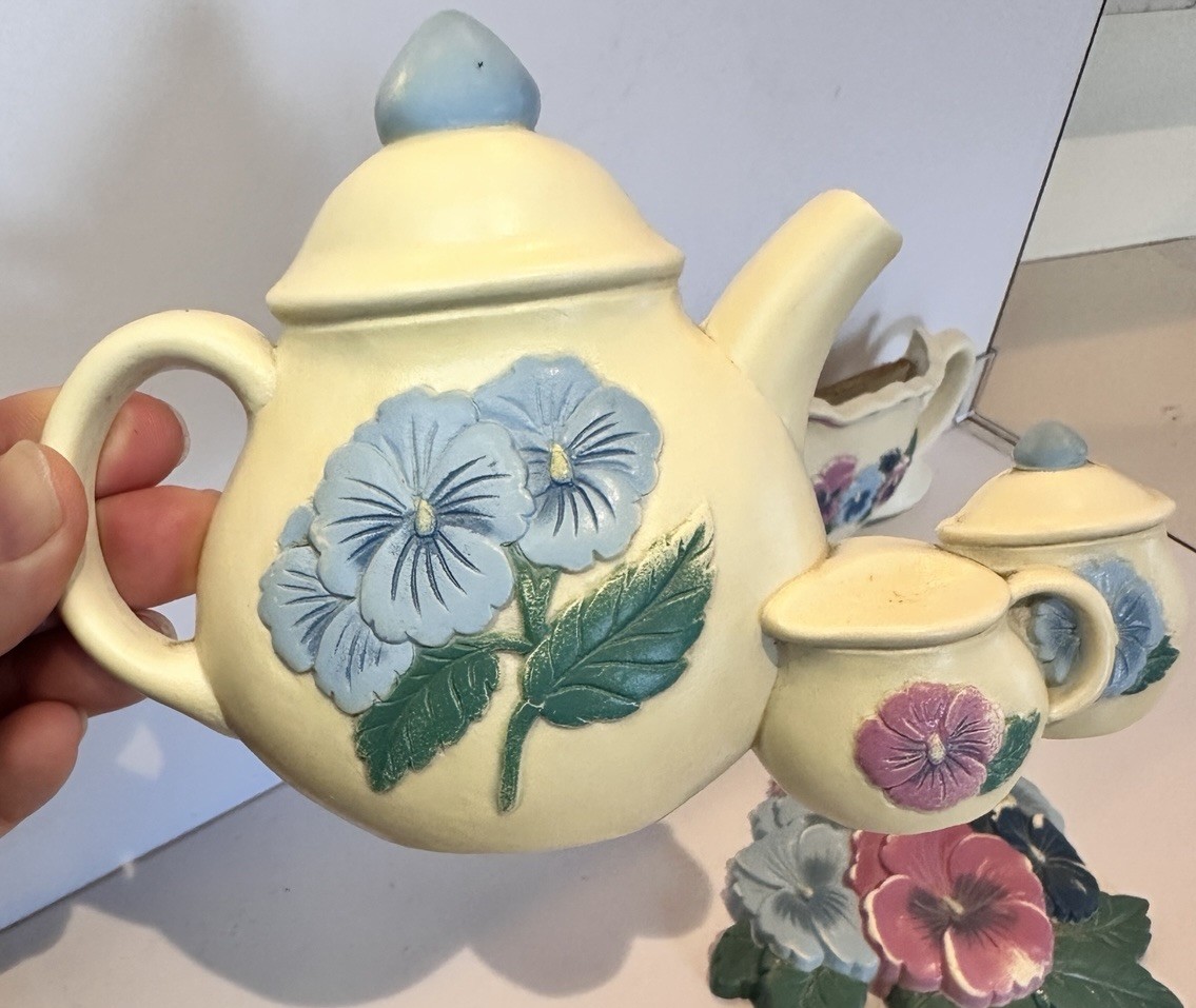 Vintage Burwood Pansy Flower & Teapot Wall Hanging Plaques Set (3)
