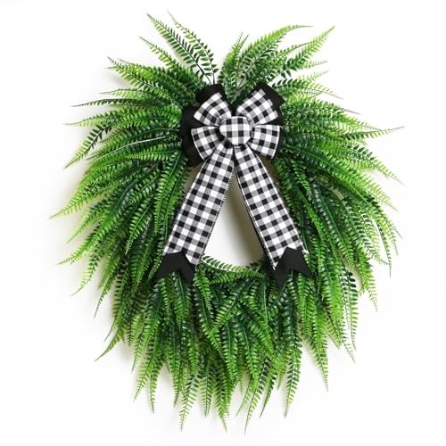 Wreaths for Front Door,22″ Spring Summer Greenery Boston Fern Leaf for Outdoor