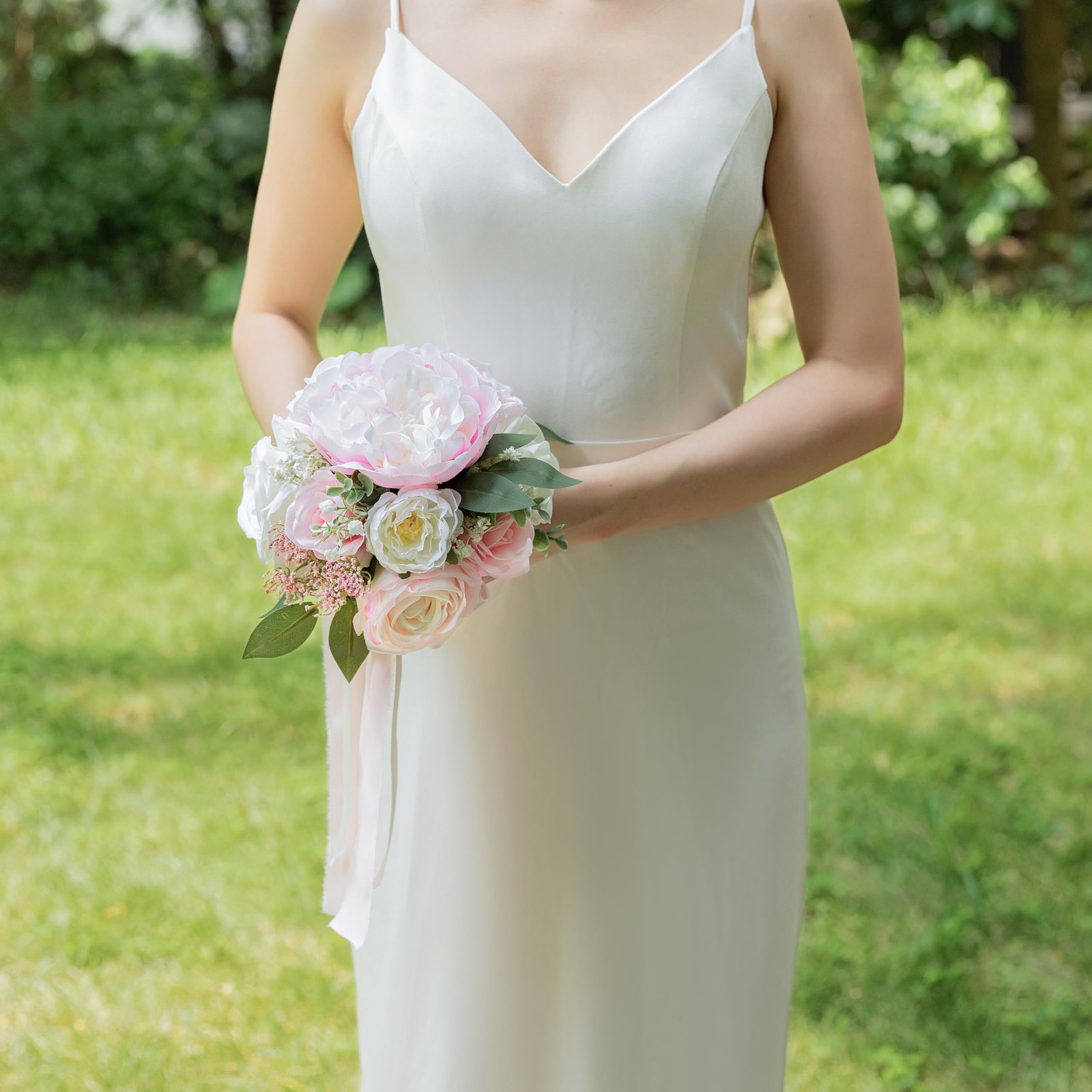 Blush Pink Ivory Artificial Rose Wedding Bouquet For Bride Bridesmaid