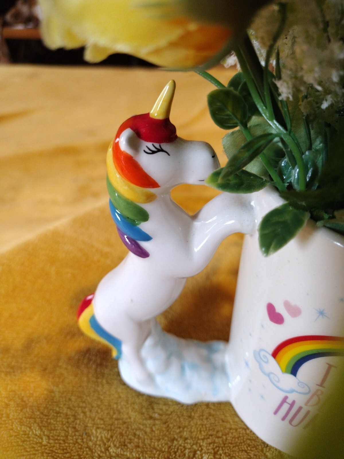 “I Don’t Believe In Humans” Rainbow Unicorn Mug Artificial Flower Arrangement
