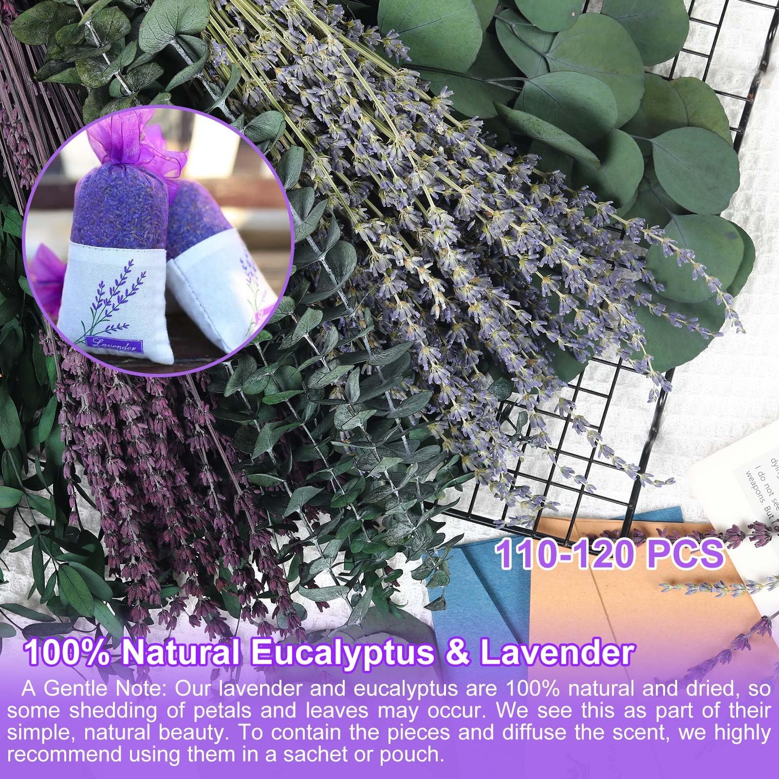120+ Pcs Mixed Dried Eucalyptus & Lavender Flowers for Shower, Preserved Natu…