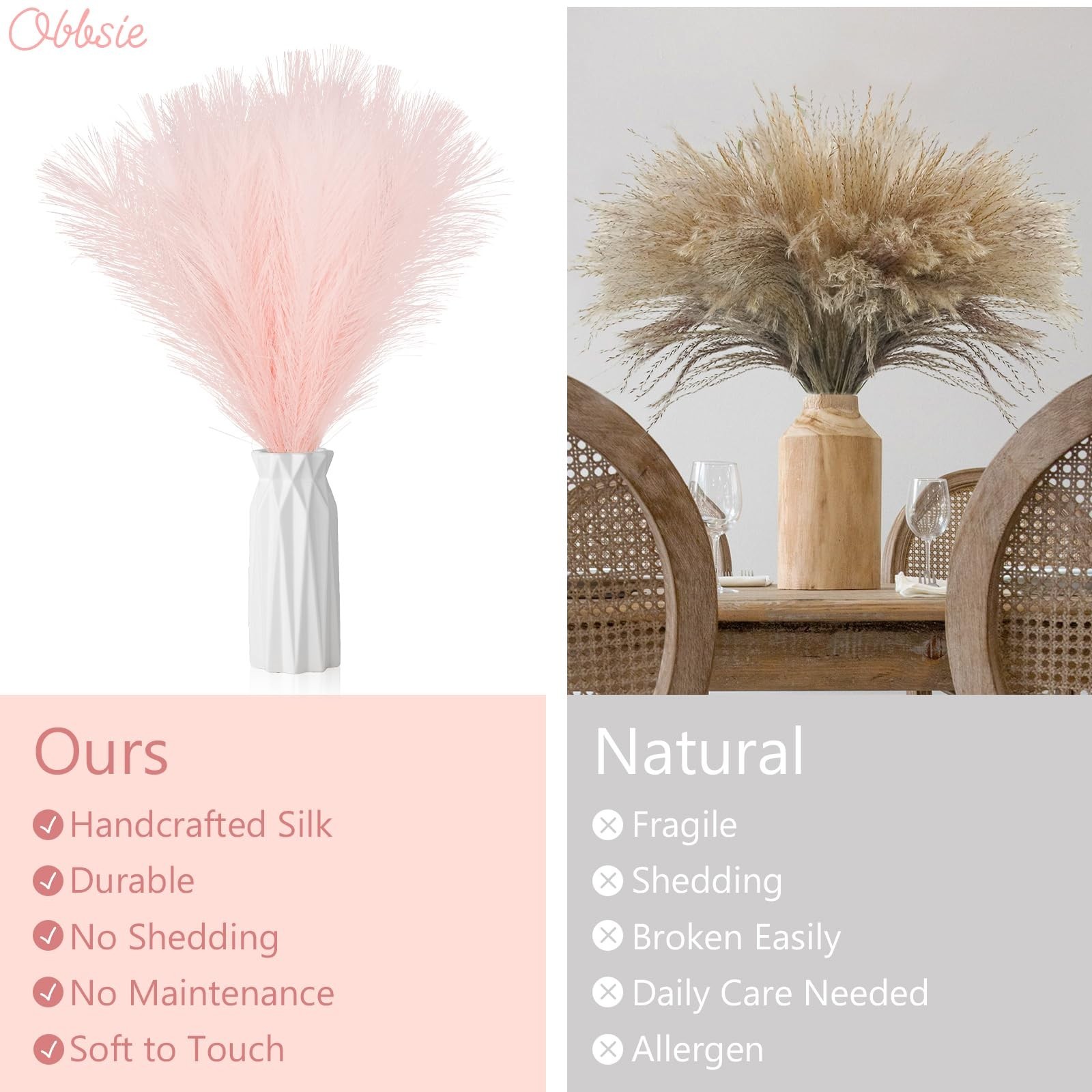 50pcs Pink Faux Pampas Grass – 21.6″ Artificial Floral Branches for Home, Weddin
