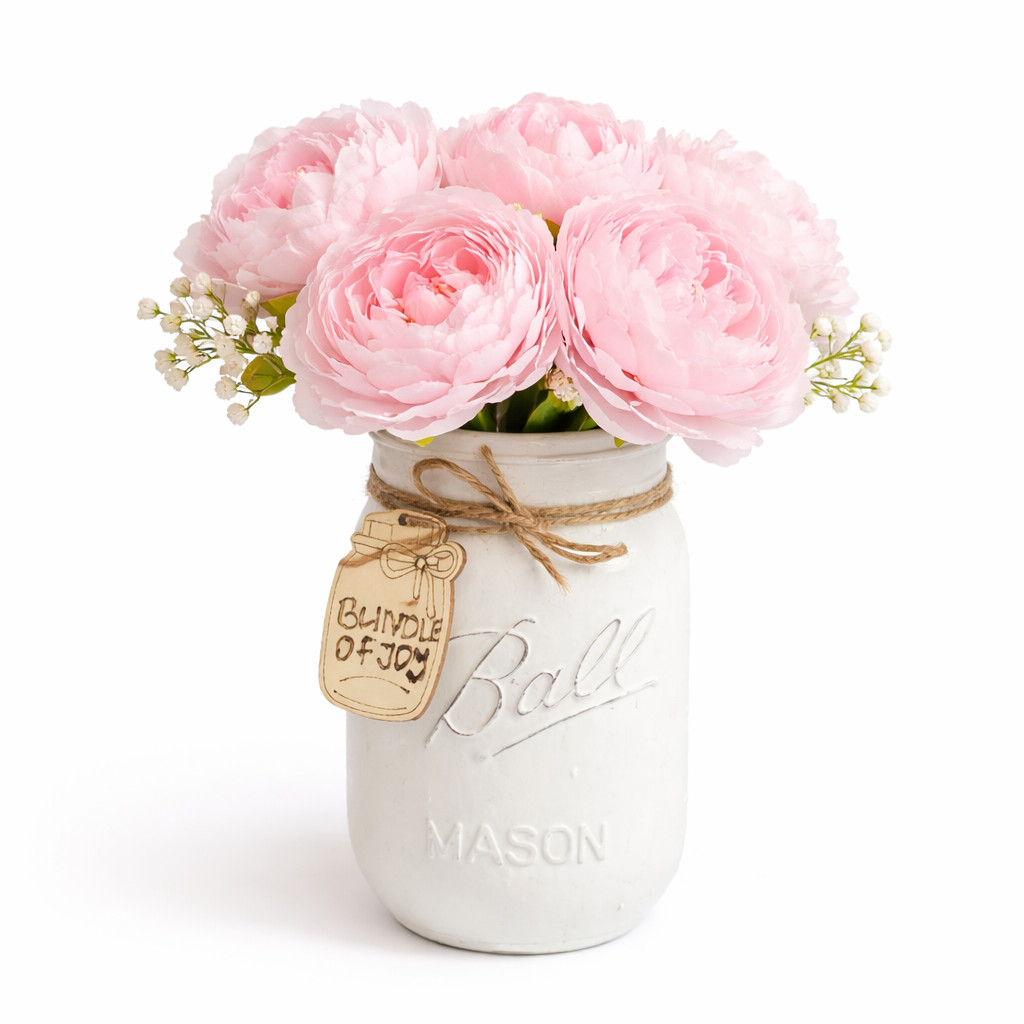 Pink Peony Custom Tag Mason Jar Arrangement Baby Shower Centerpiece Home Decor