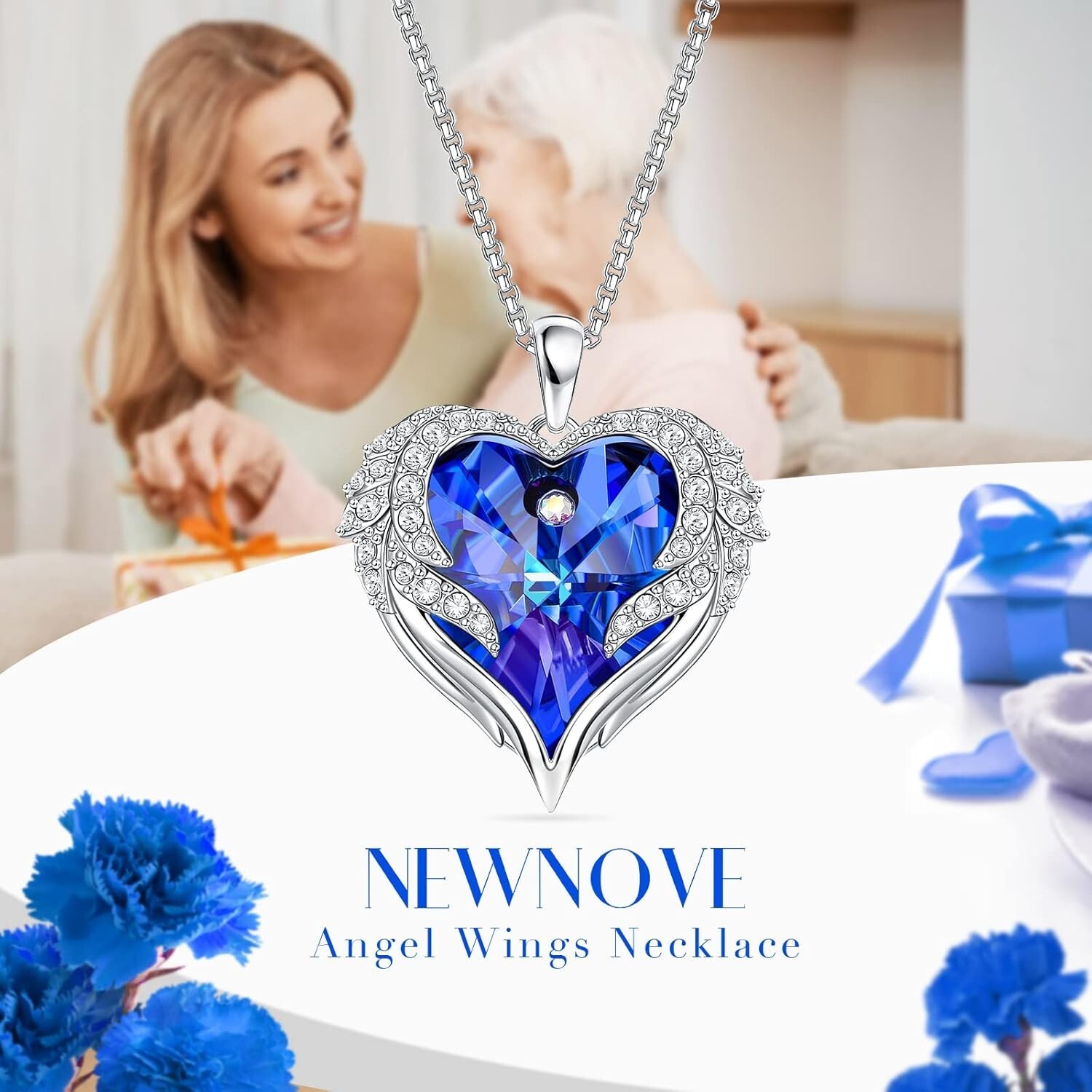 Stunning Blue Preserved Rose with Heart Necklace – Anniversary and Birthday Gift