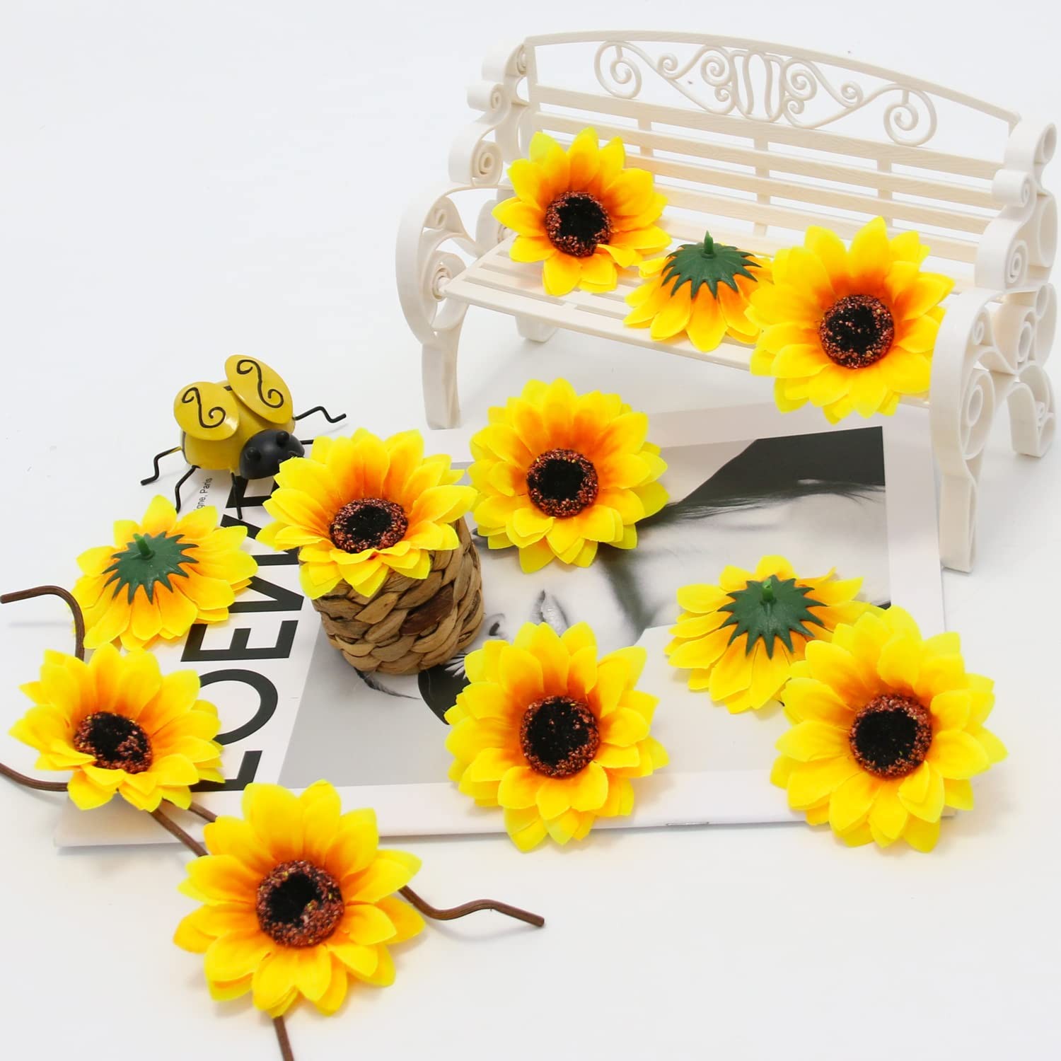 100 PCS Realistic Artificial Silk Sunflower Heads 2.75 Inch Floral DIY Decor