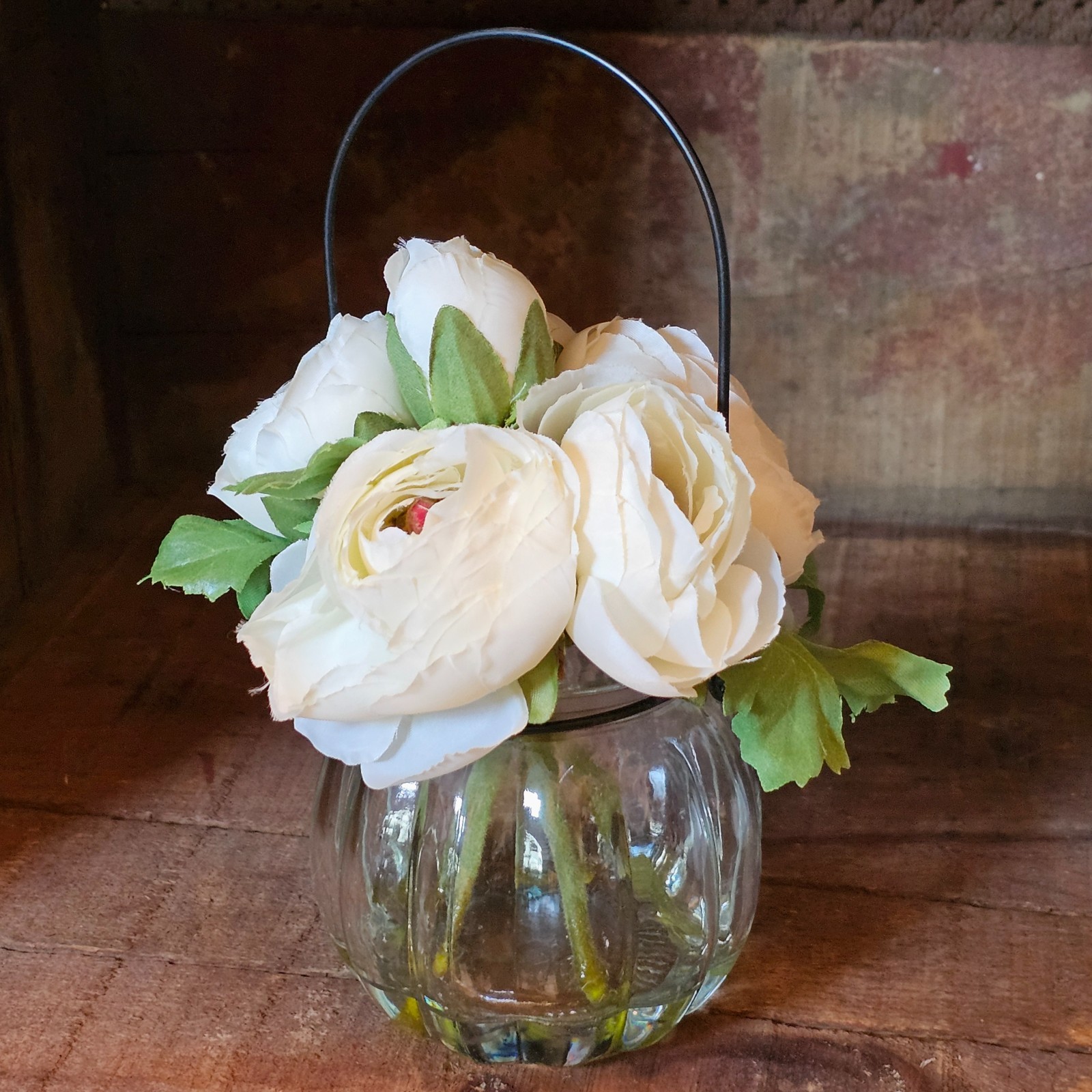 White Ranunculus in a Vase with fake water, Spring Tabletop Decor, Artificial