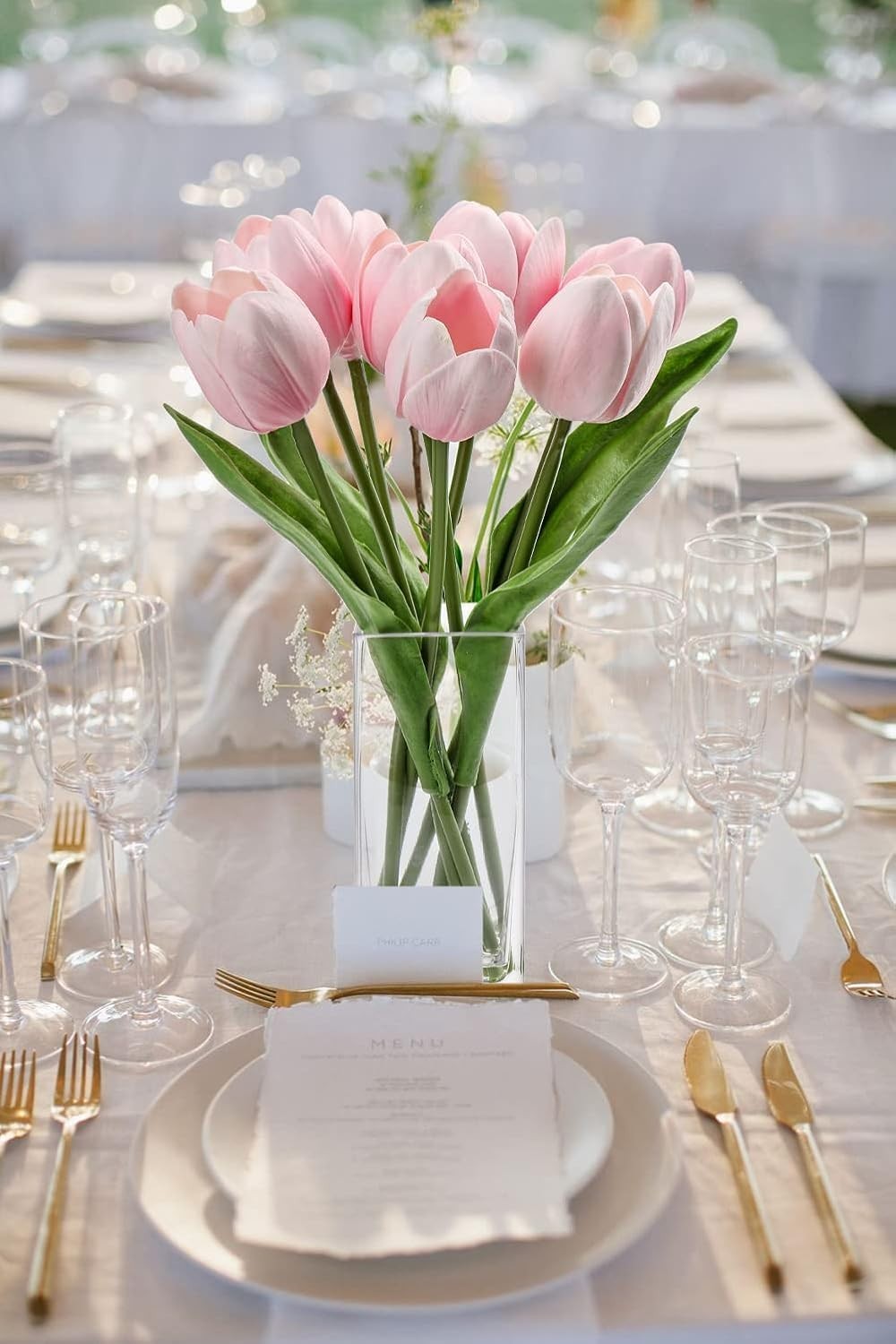 Pink Artificial Tulip Flower Fake Flowers Clear Vase Real Touch Arrangement