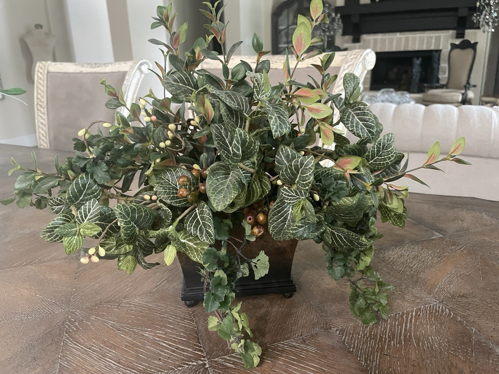 Faux Greenery & Berry Floral Arrangement Sm Resin Footed Container