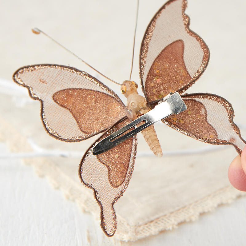 Set of 4 Brown Sequined and Glitter Artificial 3-1/2″ Butterflies with Clips