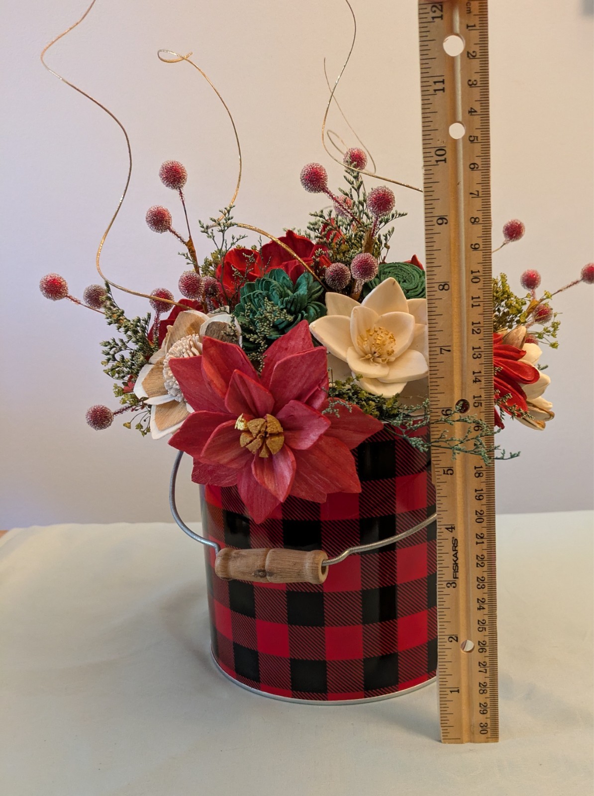 Sola Wood flowers large Christmas arrangement in red plaid tin can- hand made