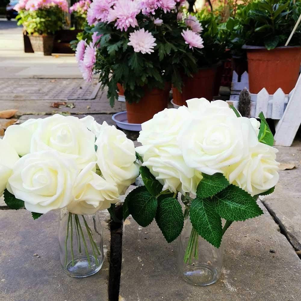 Awtlife 50 pcs Artificial Flower Rose and 15 Artificial Leaf for DIY Bouquets…
