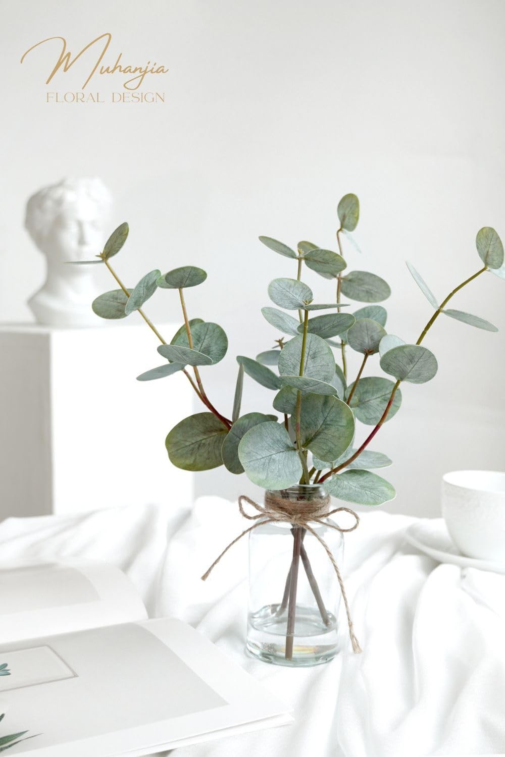Artificial Eucalyptus Stems in Glass Vase with Faux Water,3Pcs Fake Plant wit…