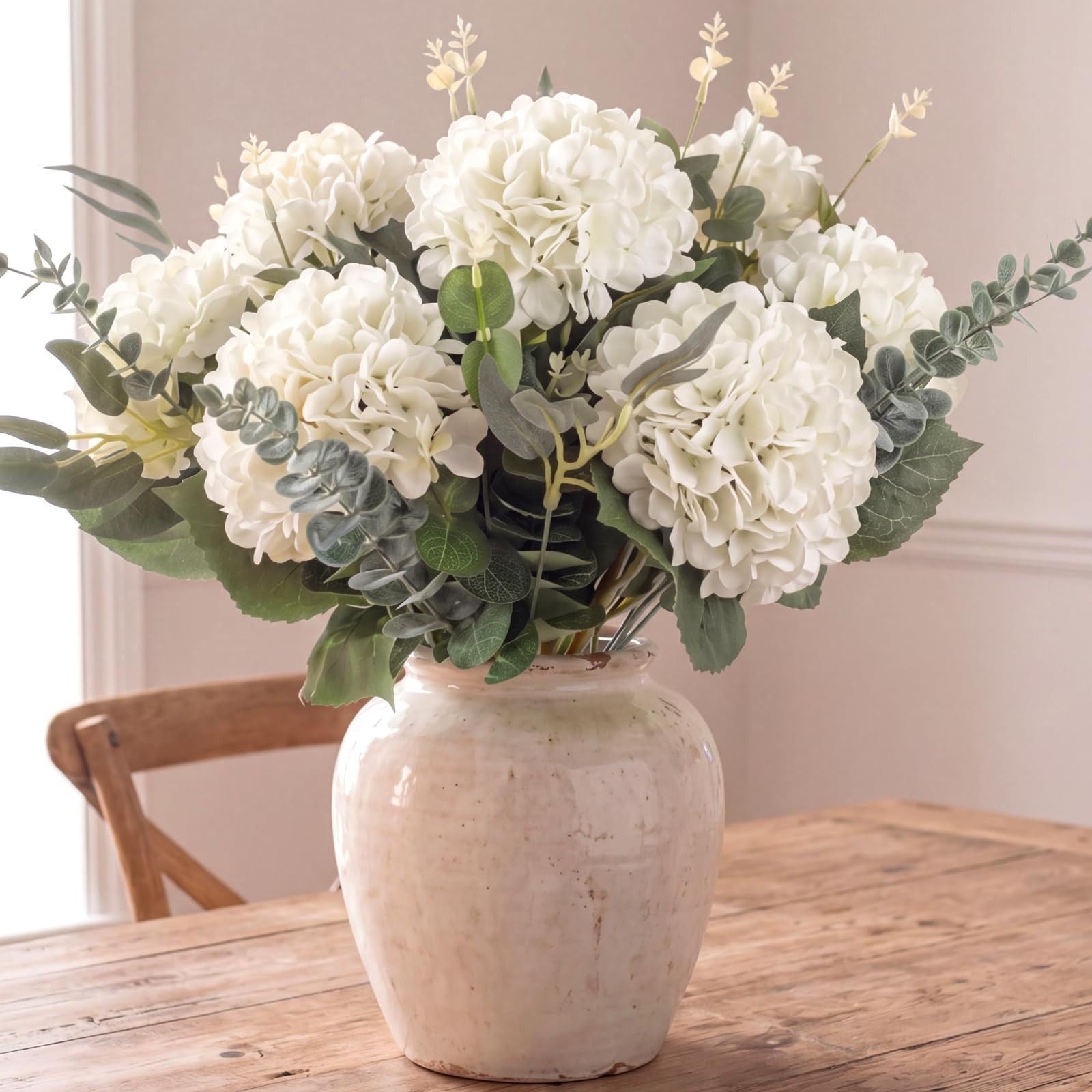 56 Pcs White Hydrangea Artificial Flowers and 4 Kinds Mixed Eucalyptus Leaves…