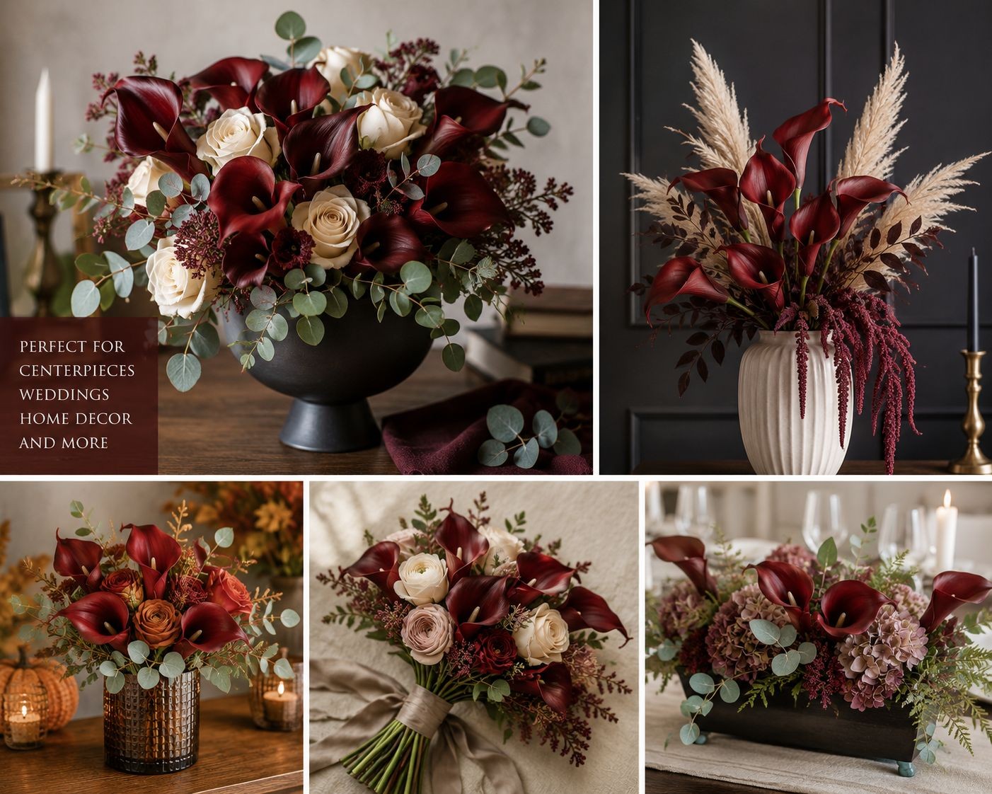 Burgundy Calla Lily Stems Faux Floral Bouquet Wine Red Flowers 5 Stem Bunch Mood