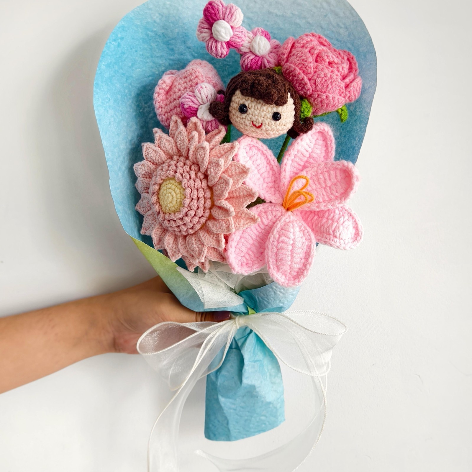 Crochet Flower Bouquet Handmade Yarn Flowers Doll Keepsake Teacher Gift for Her