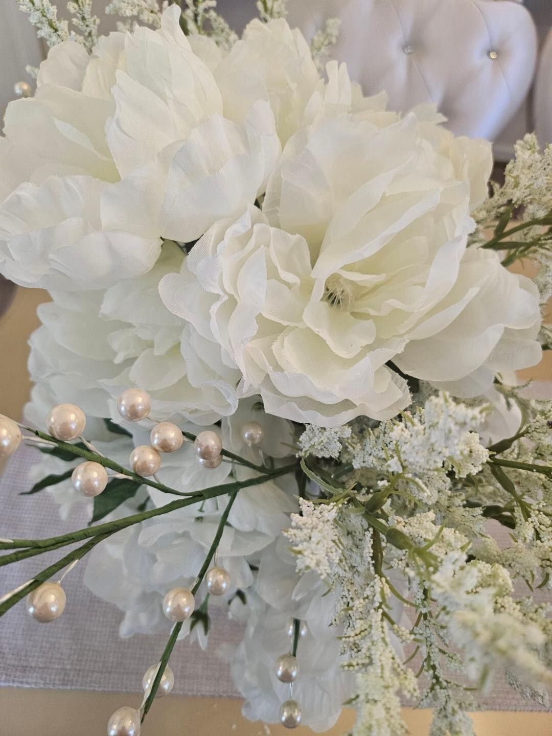 Large Silver Vase White Flower Floral Arrangement Centerpiece Anniversary Gift!