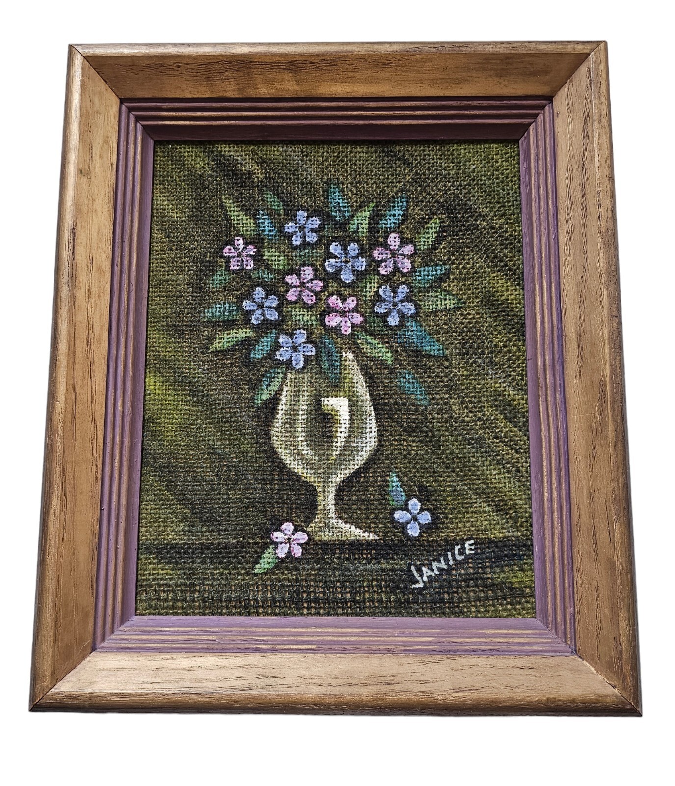 Vintage Mid Century Modern MCM Pink Blue Floral In Vase Painting On Burlap