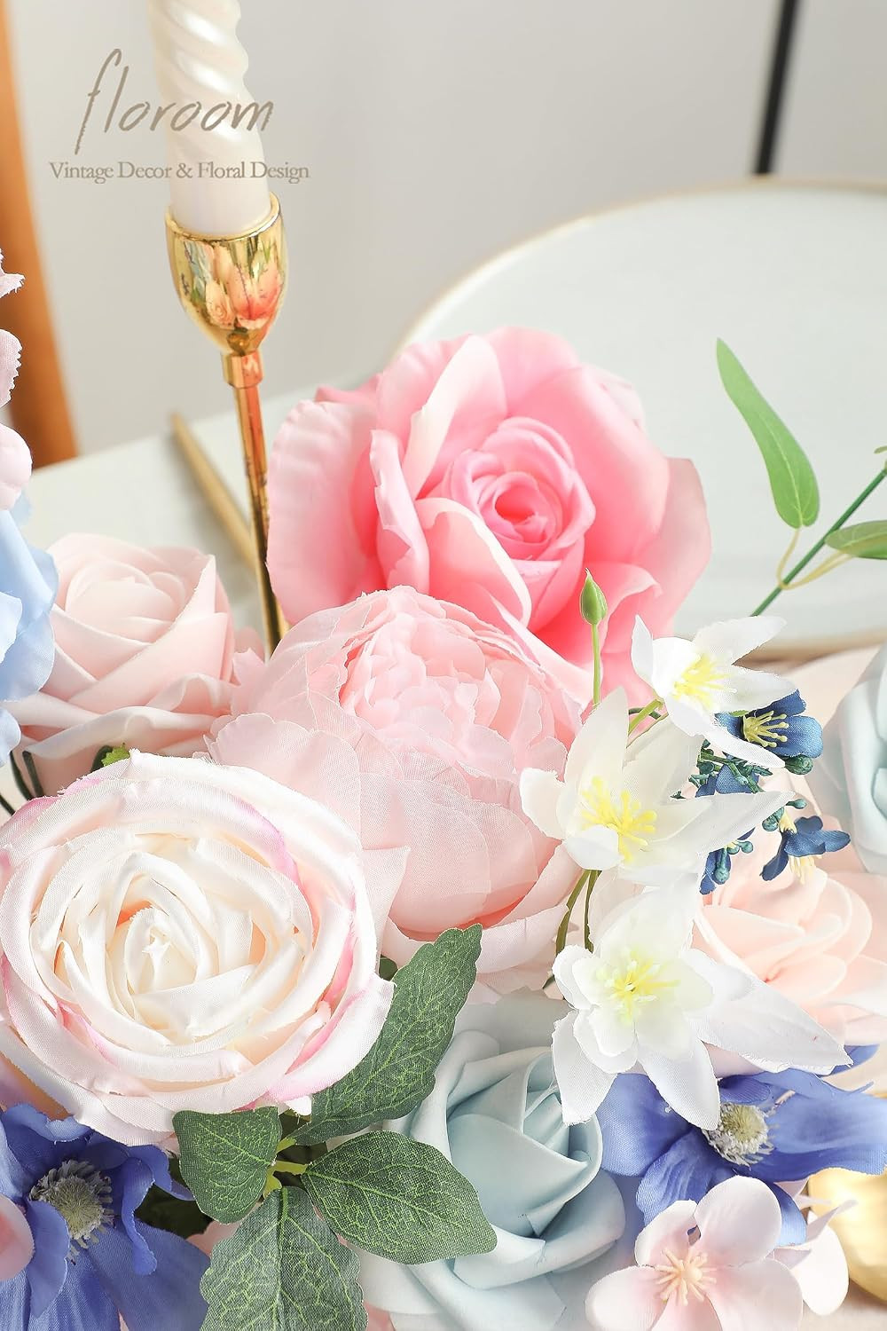 Pink Blush Blue Artificial Flowers Fake Roses Peonies and Greenery Combo Box Set