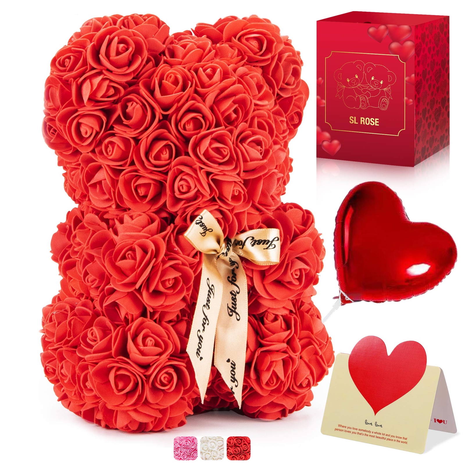 Rose Bear Teddy with Ribbon – 10” Flower Bear 300 Artificial Roses Gift for Her