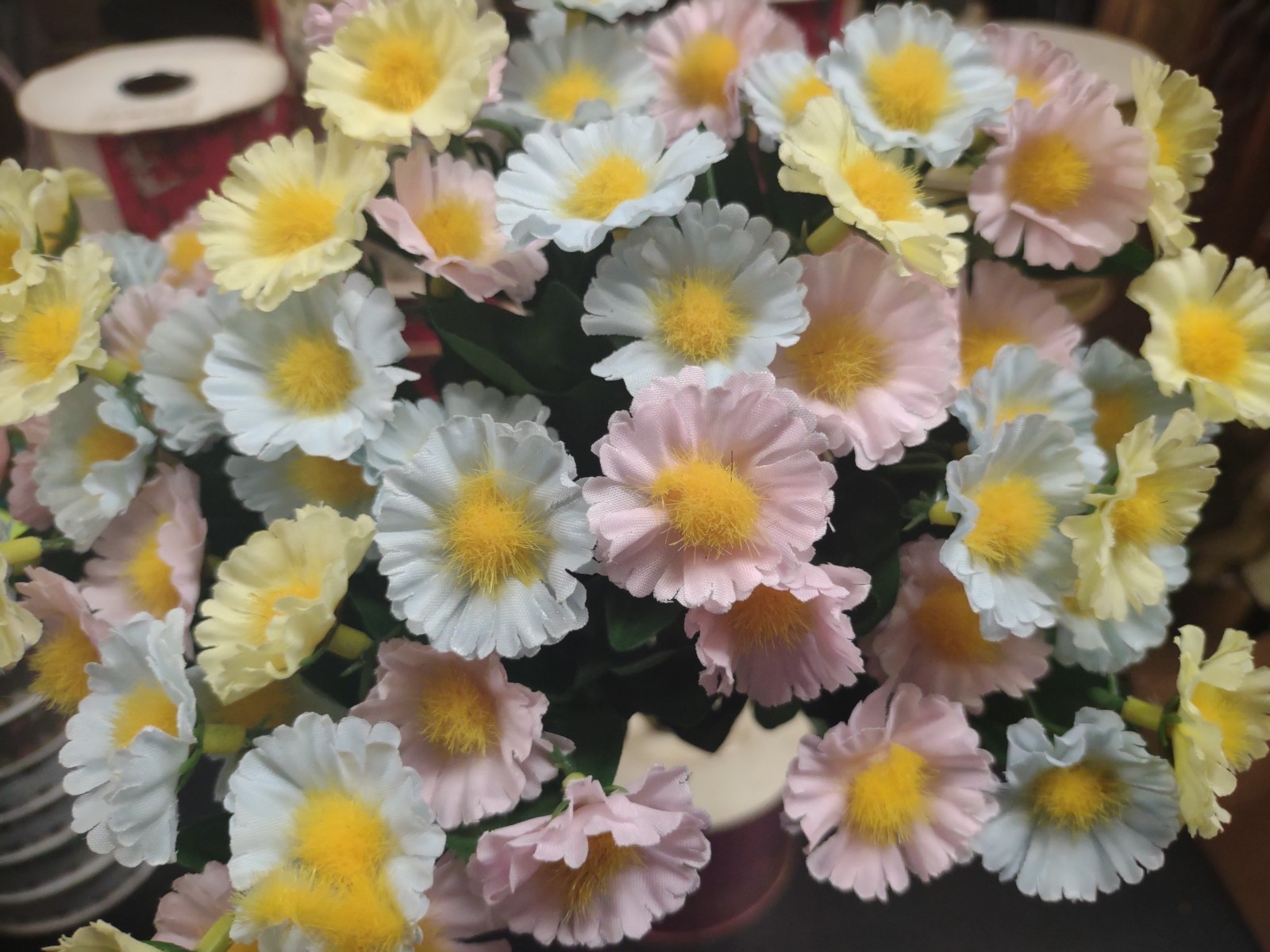 14″ Silk Daisy Bush, 14 Stems, 70 Mini Flowers Pink Yellow Blue, Baby Shower