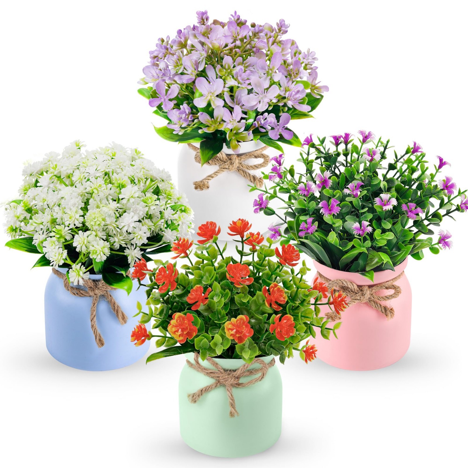 4 Pack Small Artificial Flowers – Faux Plants for Indoor Decor, Centerpieces, We